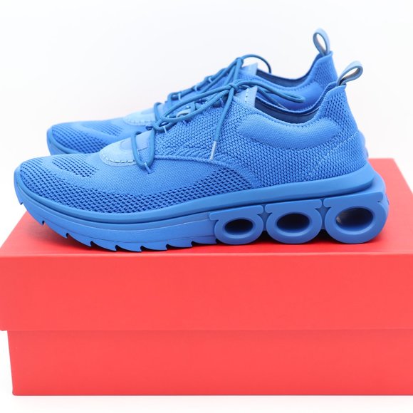NIB Salvatore Ferragamo Mens Nima Blue Knit Lace-Up Runner Sneakers Shoes - Picture 4 of 12